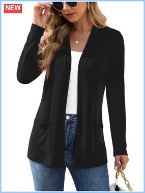 Lightweight Open Front Cardigan Long Sleeve Thin Knit Sweater with Pockets